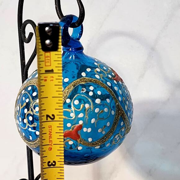 Beautiful Blue Blown Glass Christmas Ornament with Accents of Gold-Red-White - Picture 4 of 4